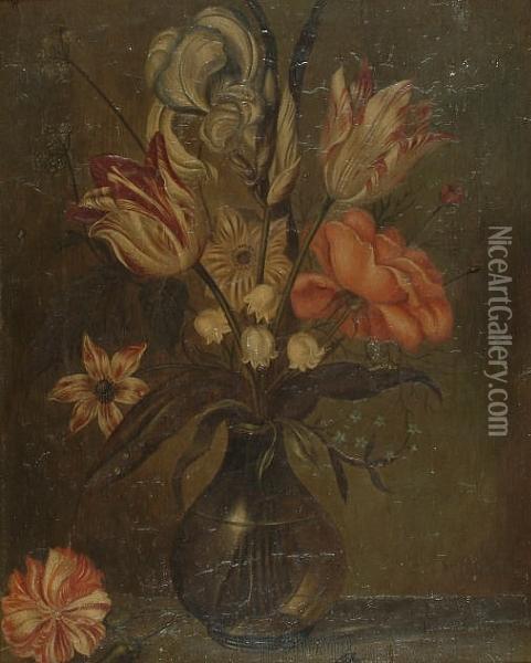 An Iris, Tulips, 
Lily-of-the-valley, A Rose And Other Flowers In A Glass Vase On A Ledge. Oil Painting - Ambrosius the Elder Bosschaert