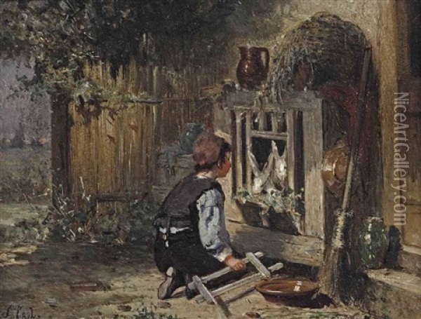 Feeding The Rabbits Oil Painting - Sipke (Cornelis) Kool