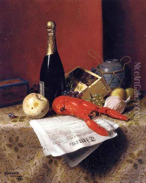 Still Life with Lobster, Fruit, Champagne and Newspaper Oil Painting - William Michael Harnett