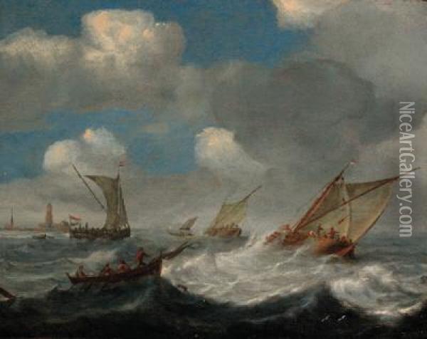 Shipping In A Squall Off The Dutch Coast Oil Painting - Claes Claesz. Wou