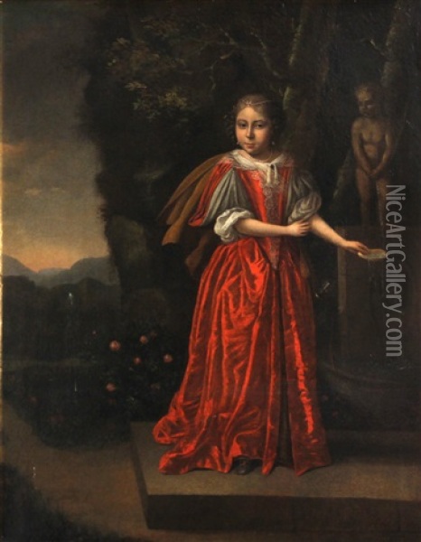 A Portrait Of A Young Girl, Full-length, Wearing A Red Gown, Standing Before A Fountain In A Garden Oil Painting - Caspar Netscher