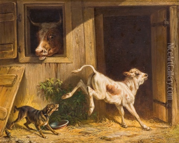 Bockiges Kalb Mit Hofhund Oil Painting - Conradyn Cunaeus