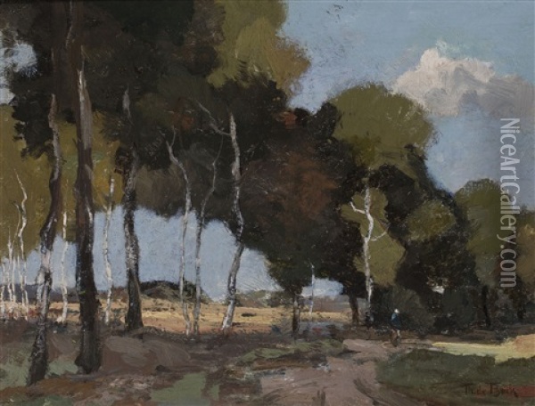 A Figure Walking Among Birch Trees Oil Painting - Theophile De Bock
