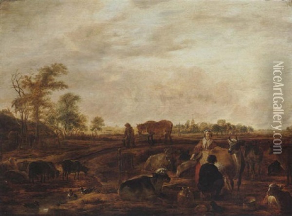 A Landscape With A Milkmaid And Man Milking A Cow Near Farm Buildings, A Man Leading A Horse On A Track Nearby, A Church In The Distance Oil Painting - Cornelis Saftleven