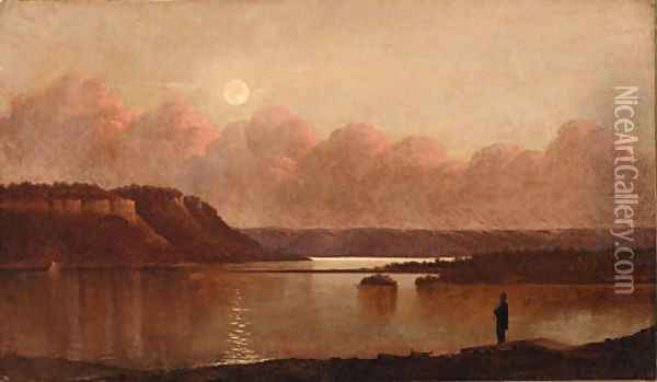 Sunset and Moonrise, Lake Pepin, Minn. Oil Painting - Joseph Rusling Meeker