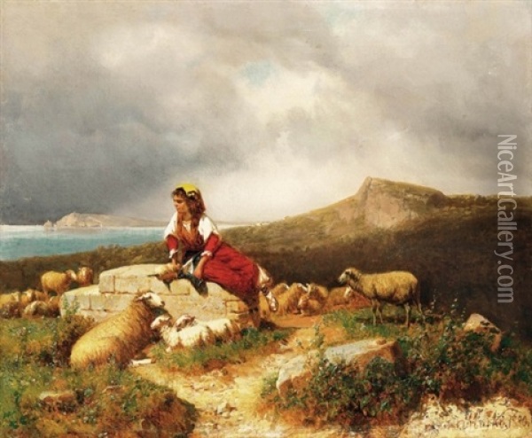 Italiai Tengerpart Pasztorlannyal (seaside In Italy With Shepherdess) Oil Painting - Andras Marko