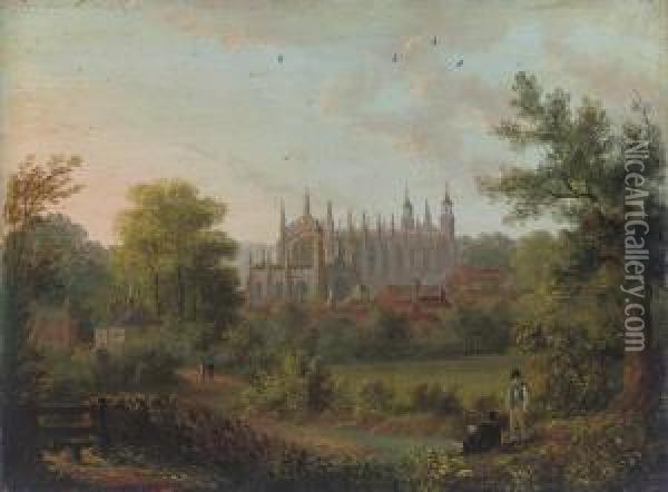 A View Of King's College, Cambridge From The River Cam, With Figures On The Bank Oil Painting - Richard Bankes Harraden