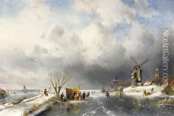 At the 'koek en zopie' in a panoramic winter landscape Oil Painting - Charles Henri Leickert
