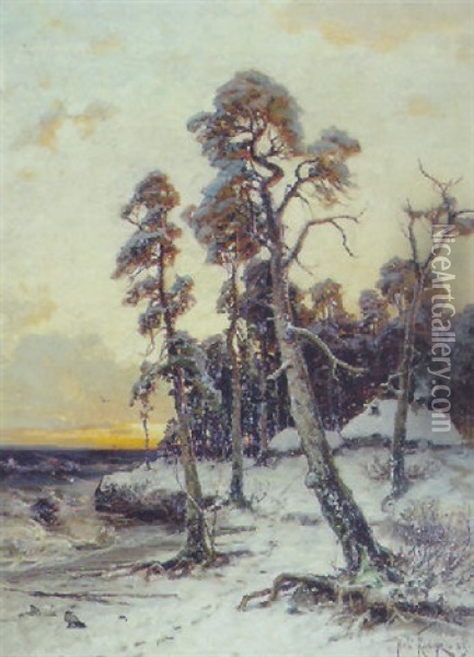 Vinterlandskab Med Traeer Ved Kysten. Skumring Oil Painting - Yuliy Yulevich (Julius) Klever