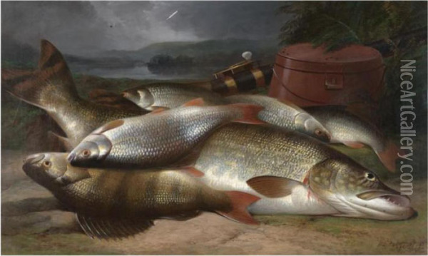 Still Life Of Pike, Grayling And Perch Oil Painting - Henry Leonidas Rolfe