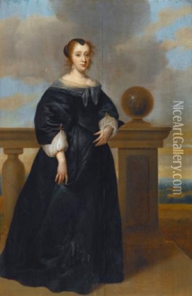 A Portrait Of A Woman, Full Length, In A Black Dress, Standing Next To A Balustrade Oil Painting - Isaac Luttichuys