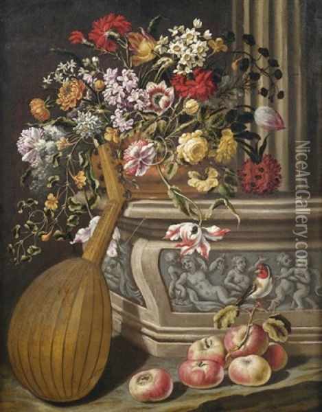 Stilleben Mit Blumen, Apfeln Und Laute An Einem Reliefierten Saulenpostament Oil Painting - Evaristo Baschenis
