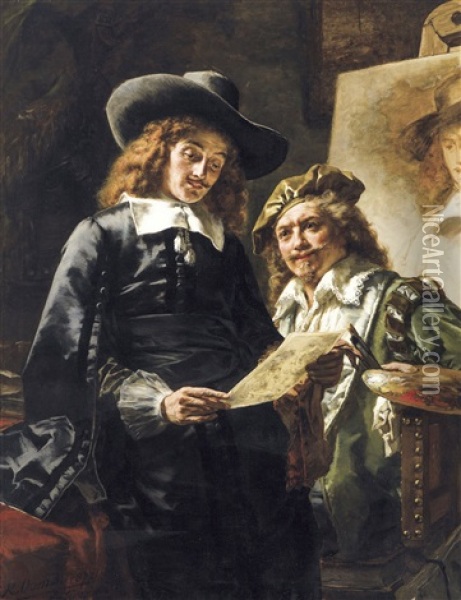 Rembrandt And His Patron Jan Six (1877) Oil Painting - Karel Ooms