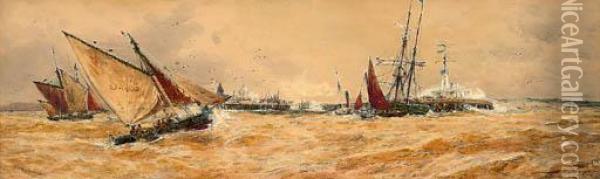 A Blustery Day Off The Harbour Mouth, Boulogne Oil Painting - Thomas Bush Hardy