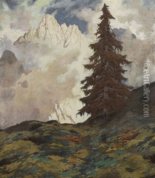 Fichte Im Gebirge Oil Painting - Hugo Hodiener (Hodina)