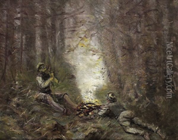 Manner An Einer Feuerstelle Oil Painting - Laszlo Mednyanszky