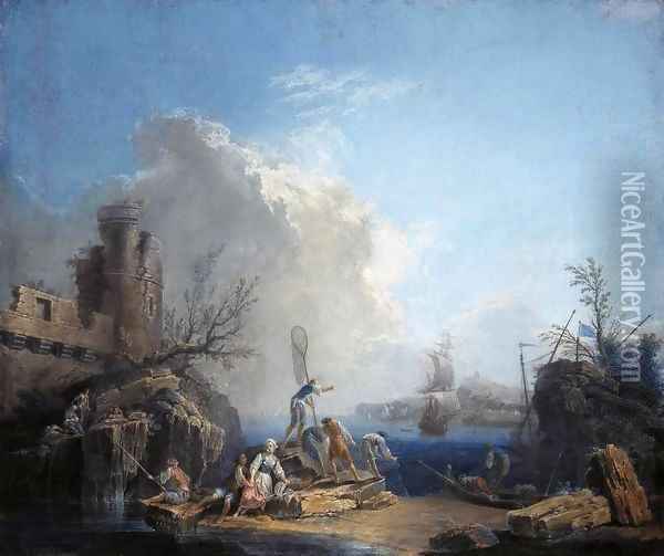 Seascape with Fisherman on a Rocky Shore Oil Painting - Pierre-Jacques Volaire