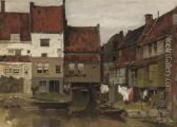 Laundry Hanging Out To Dry On A Sunny Day, Enkhuizen Oil Painting - Johannes Christiaan Karel Klinkenberg