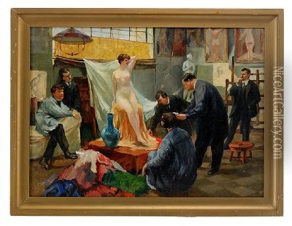 In The Artist's Studio Oil Painting - Boris Mikhailovich Kustodiev