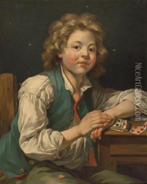 A Boy, Seated Three-quarter Length, Beside A Table With Cards And A Girl, Seated Three-quarter Length, Holding A Book (pair) Oil Painting - Jean-Baptiste Charpentier the Elder