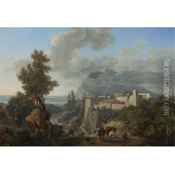 A View Near Messina, With Peasants And Animals Along A Path And A View Of A Fortified Town Beyond Oil Painting - Nicolas Antoine Taunay