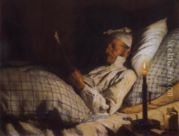 Bauer, Im Bett Lesend I Oil Painting - Albert Anker