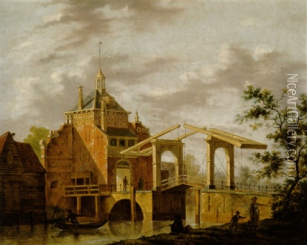 Zugbrucke Uber Dem Kanal Vor Dem Tor Einer Hollandischen Stadt Oil Painting - Johannes Jelgerhuis