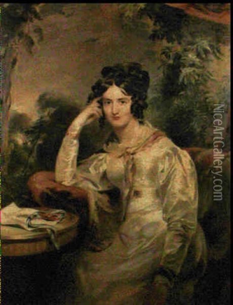 Portrait Of Charlotte Augusta Stuart, Seated Three-quarter  Length, Wearing A White Satin Dress, Her Right Arm Resting Oil Painting - George Hayter