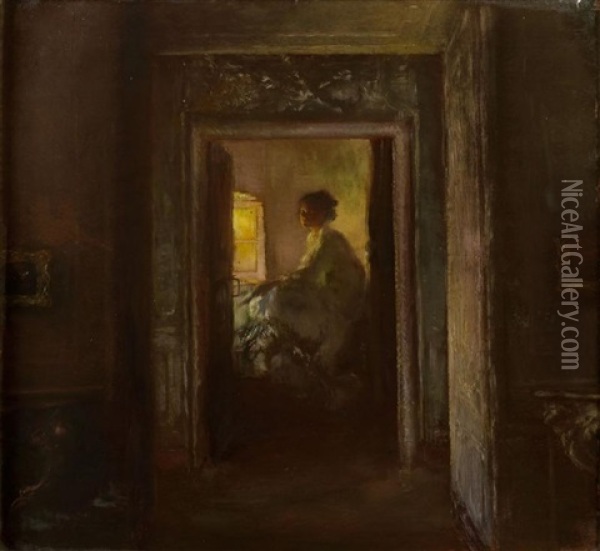 Jeune Fille Pensive Dans Un Interieur Oil Painting - Gaston La Touche