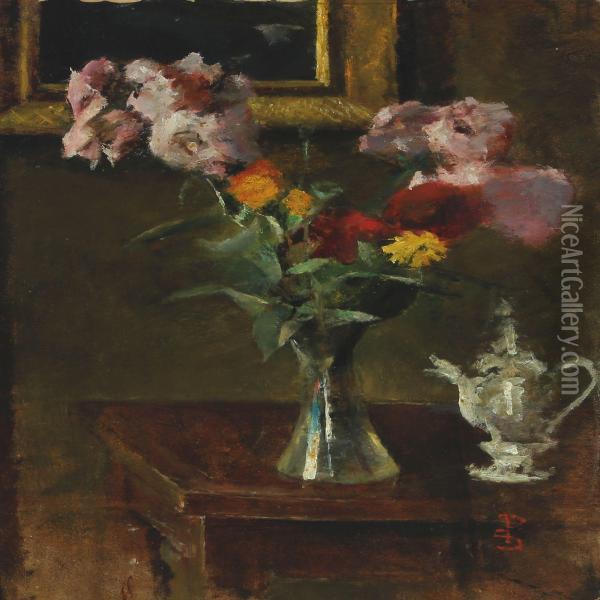Still Life With Flowers And Flagon Oil Painting - Peter Alfred Schou
