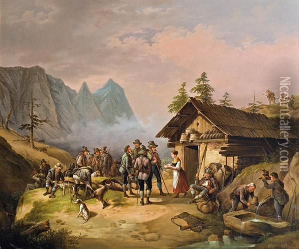 Rast Der Jagdgesellschaft Oil Painting - Johann Adalbert Heine