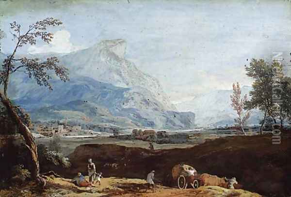 An extensive mountain landscape with peasants and a waggon Oil Painting - Marco Ricci