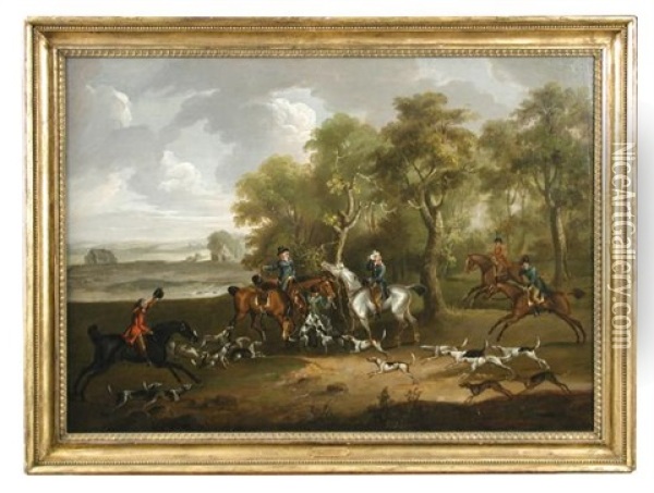 The End Of The Chase - A Hunting Party On The Edge Of A Wood, A Distant Landscape Beyond Oil Painting - John Nost Sartorius