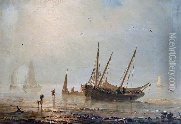 Beached Fishing Boats Oil Painting - Herminie Gudin