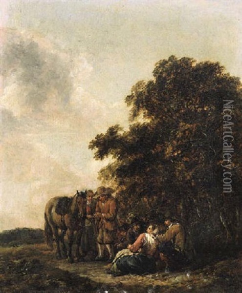 Travellers Resting On The Edge Of A Wood Oil Painting - Barend Gael