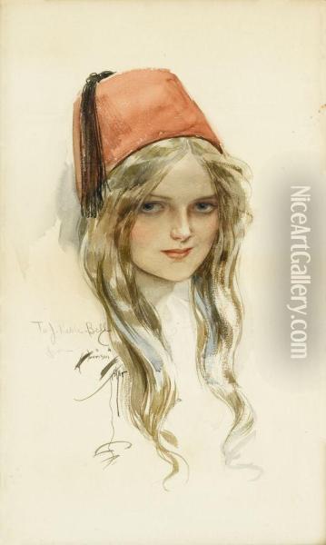 Girl With Fez Oil Painting - Harrison C. Fisher