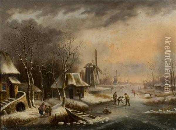 Winter Scene With Figures Playing On A Frozen River Withwindmills In The Background Oil Painting - Henri Chevalier