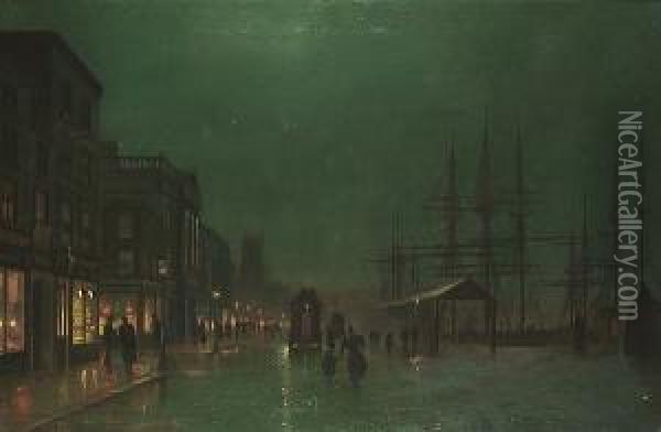Liverpool Docks By Moonlight Oil Painting - Wilfred Jenkins