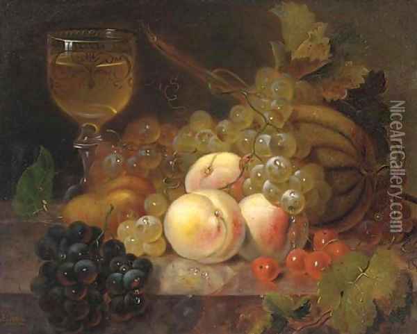 Peaches, a melon, cherries, a pear, grapes and a glass of wine on a marble ledge Oil Painting - Edward Ladell