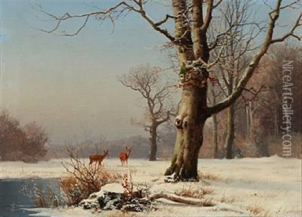 Winter Landscape With Deer Oil Painting - Anders Andersen-Lundby