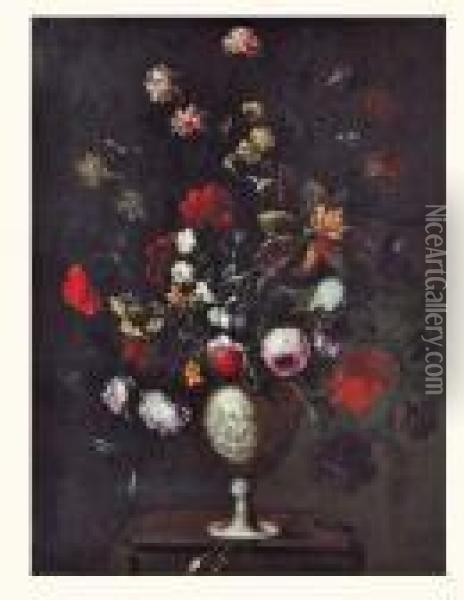 Bouquet De Fleurs Dans Un Vase En Porcelaine Sur Un Entablement Oil Painting - Pedro de Camprobin