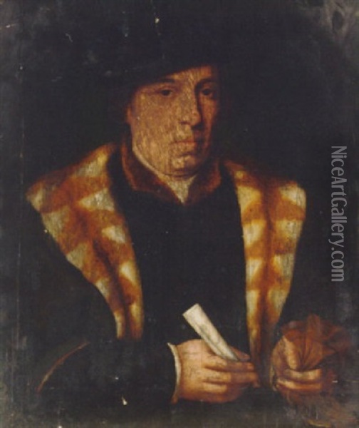 Portrait Of A Gentleman In A Black Fur-trimmed Robe And Black Cap, Holding A Letter In His Right Hand Oil Painting - Bartholomaeus Bruyn the Elder