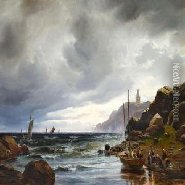 Rocky Coast With Fishermen Landing Their Catch Oil Painting - C. F. Sorensen