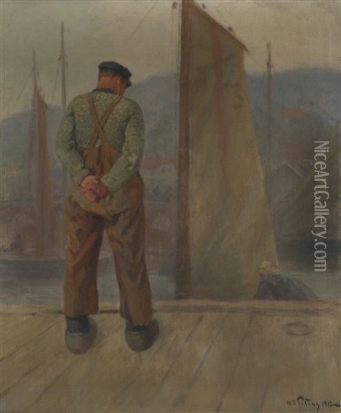 Fisker Pa Bryggen Oil Painting - Wilhelm Otto Peters