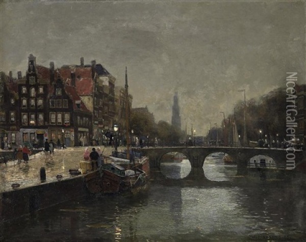 Amsterdam. Blick Auf Die Prinsegracht In Der Abenddammerung Oil Painting - Heinrich Hermanns