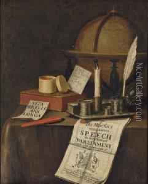 A Vanitas Still-life With A 
Globe, An Inkstand, A Candle, A Pot Of Seals, A Book And A Manuscript On
 A Draped Table Oil Painting - Edwart Collier