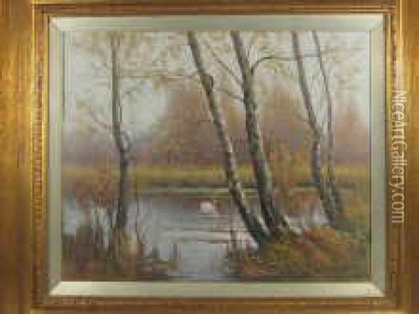 A Swan On A Lake Oil Painting - Arthur Harding Norwood