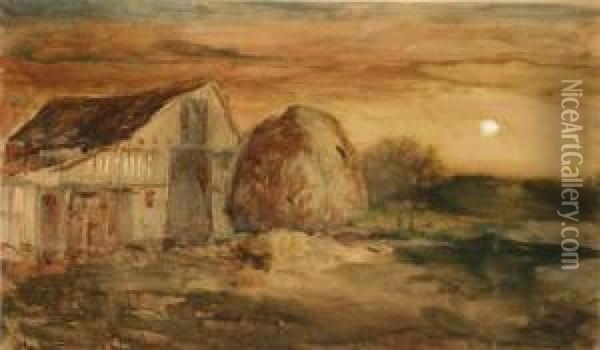 Moonlit Barnyard Scene Oil Painting - Lucien Whiting Powell