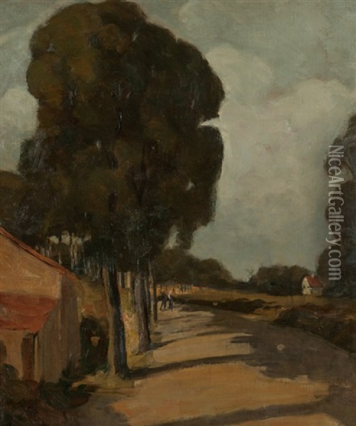 Road Through A Village With Figures Oil Painting - Jean Mannheim