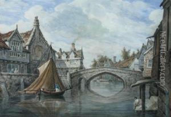 A Sailing Boat By A Bridge In A Dutch Town; And Oil Painting - James George Zobel